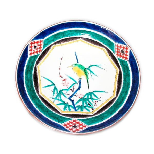 九谷焼　手描き　飾皿　竹に鳥文尺皿<古九谷の有名な大きな絵皿の写しです>