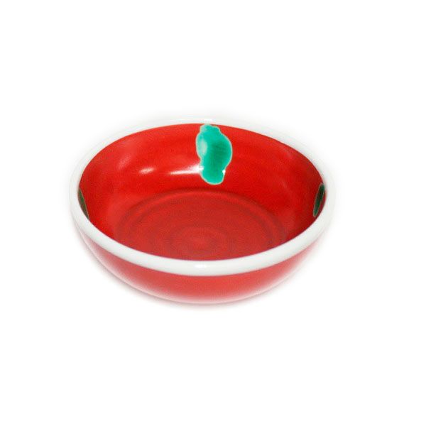 九谷焼　手描き　和洋食器　赤巻水玉文小鉢<赤巻きに緑のドット。手描きの可愛い器です>