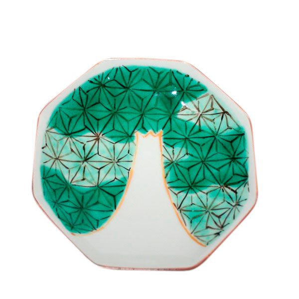 九谷焼　手描き　和洋食器　富士文様四寸八角皿（緑）