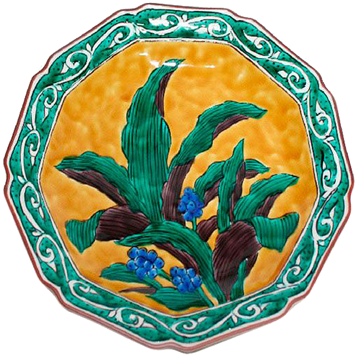 九谷焼/美陶園/飾り皿】色絵 万年青(おもと) 九角形 10寸 皿立